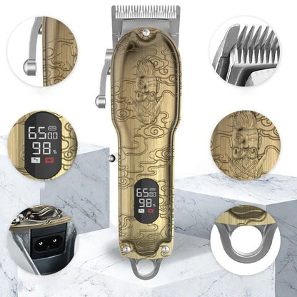 Gold LCD digital hair clipper showing battery percentage display with stainless steel cutting blades