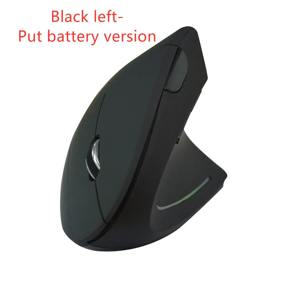 Ergonomic vertical wireless mouse in black and brown with 6 buttons and 10m range