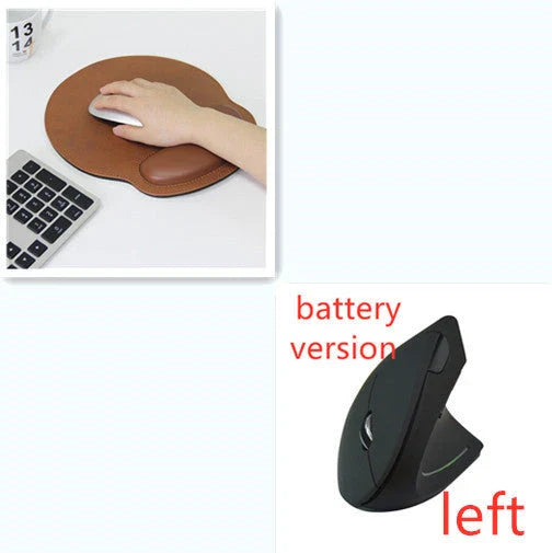 Ergonomic vertical wireless mouse in black and brown with 6 buttons and 10m range