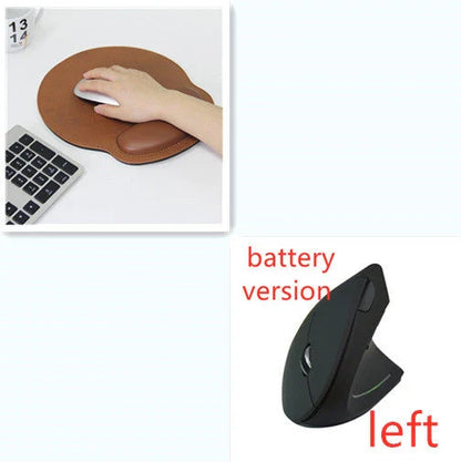 Ergonomic vertical wireless mouse in black and brown with 6 buttons and 10m range