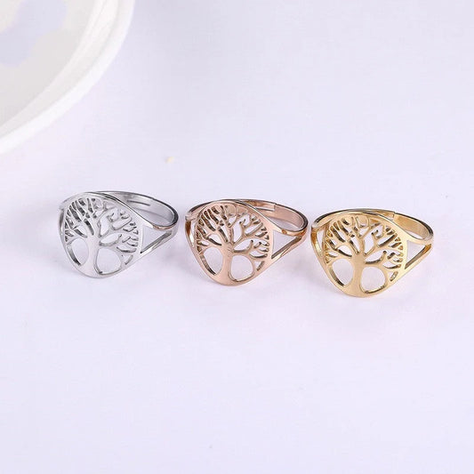 Adjustable Tree of Life Ring in stainless steel with hand-polished finish, available in multiple colours