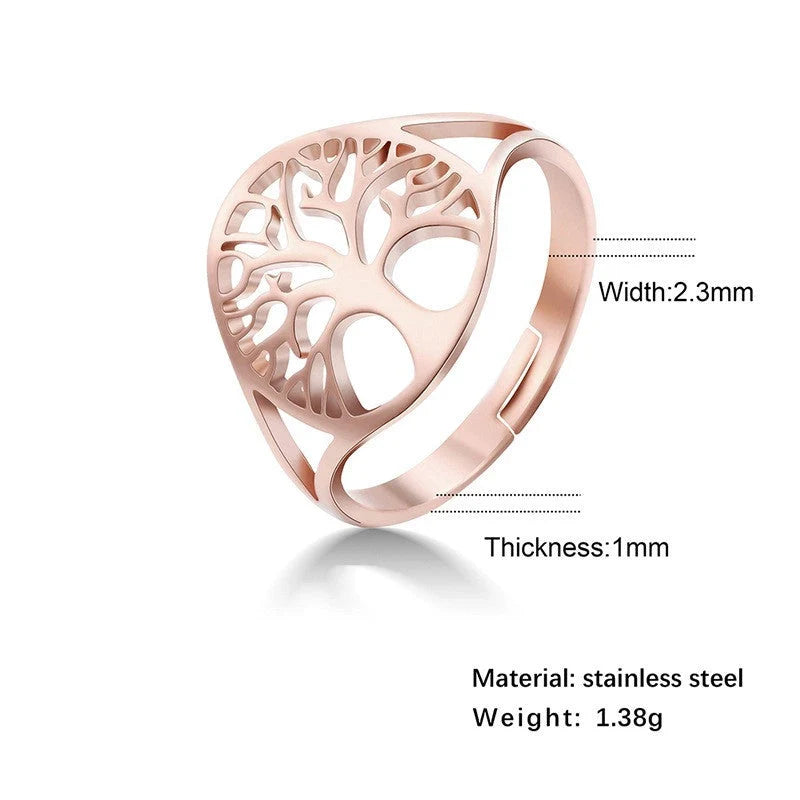 Adjustable Tree of Life Ring in stainless steel with hand-polished finish, available in multiple colours