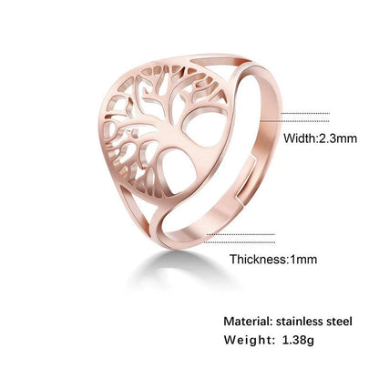 Adjustable Tree of Life Ring in stainless steel with hand-polished finish, available in multiple colours