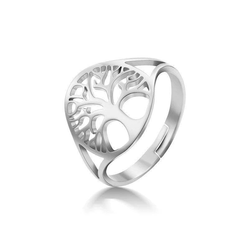 Adjustable Tree of Life Ring in stainless steel with hand-polished finish, available in multiple colours