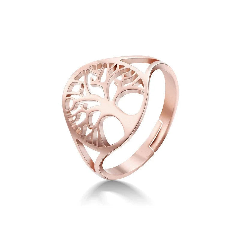Adjustable Tree of Life Ring in stainless steel with hand-polished finish, available in multiple colours