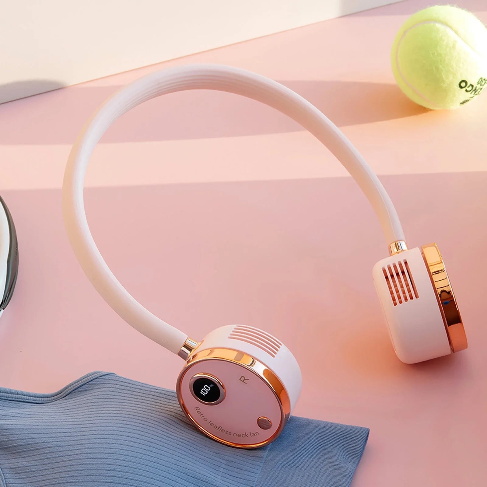 USB Portable Digital Display Large-capacity Battery Hanging Neck-fan in white, pink, and blue