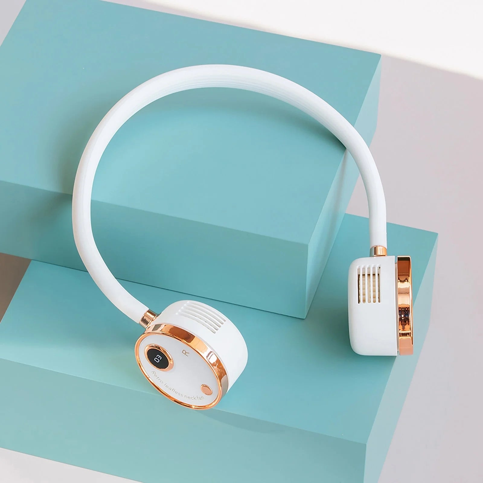 USB Portable Digital Display Large-capacity Battery Hanging Neck-fan in white, pink, and blue