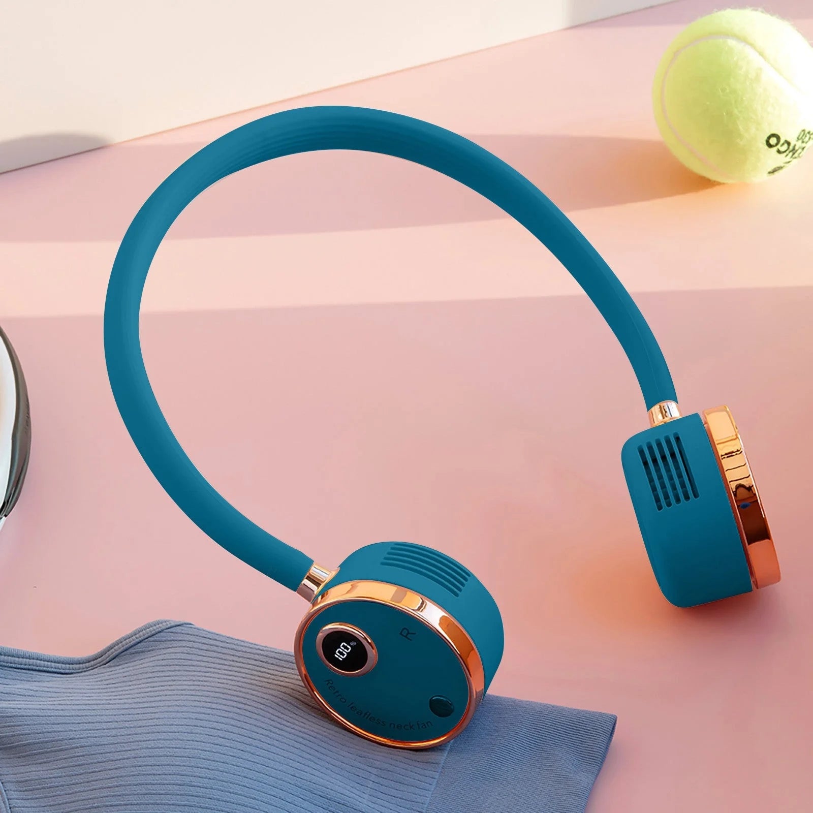 USB Portable Digital Display Large-capacity Battery Hanging Neck-fan in white, pink, and blue