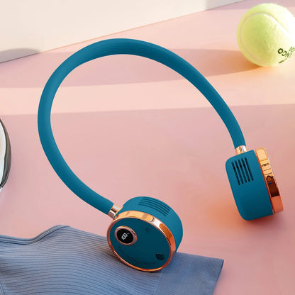 USB Portable Digital Display Large-capacity Battery Hanging Neck-fan in white, pink, and blue