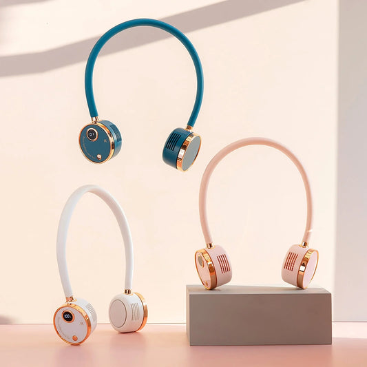 USB Portable Digital Display Large-capacity Battery Hanging Neck-fan in white, pink, and blue