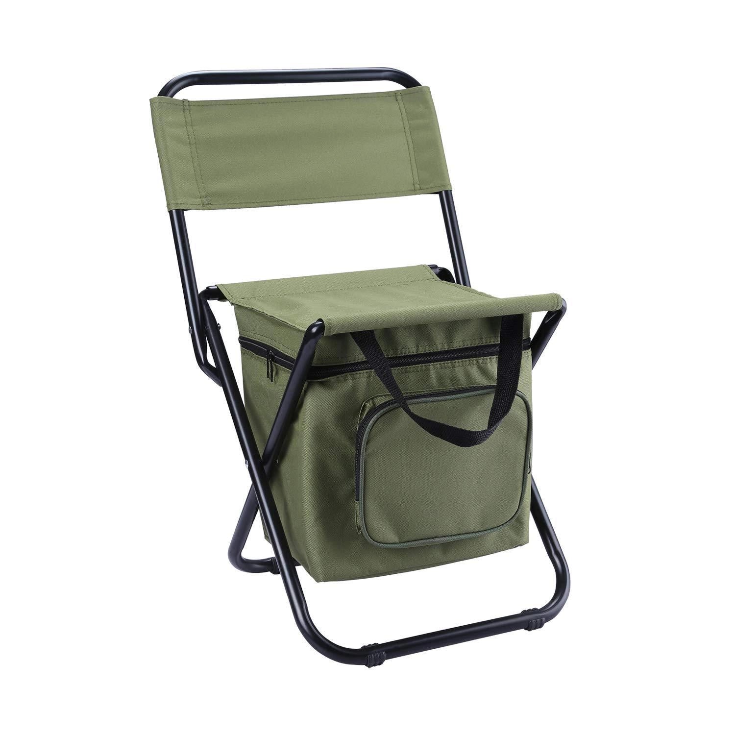 Portable folding fishing chair with cooler bag in army green, blue, camouflage, and green options