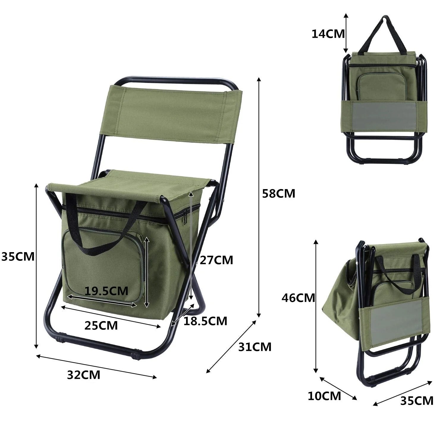Portable folding fishing chair with cooler bag in army green, blue, camouflage, and green options
