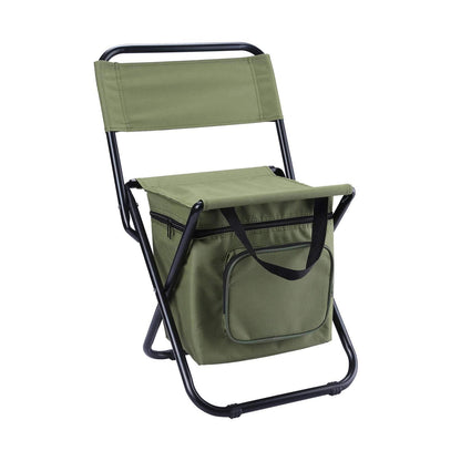 Portable folding fishing chair with cooler bag in army green, blue, camouflage, and green options