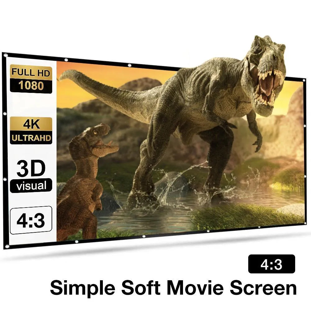 White 150-inch portable folding projector screen shown unfolded on a stand.