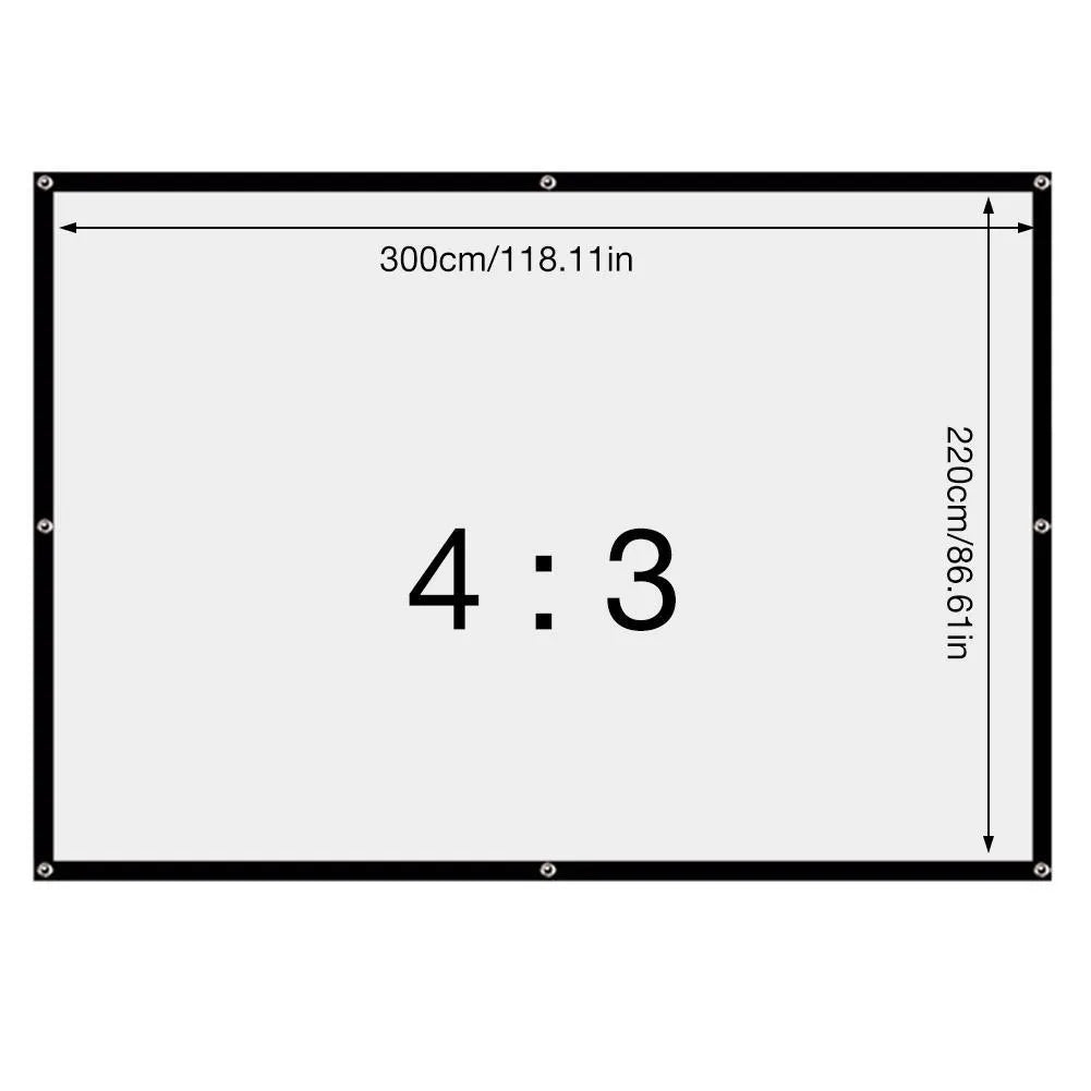 White 150-inch portable folding projector screen shown unfolded on a stand.