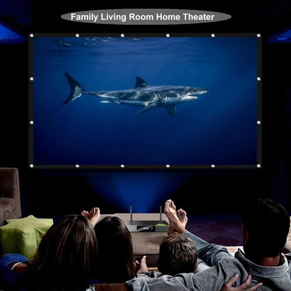 White 150-inch portable folding projector screen shown unfolded on a stand.