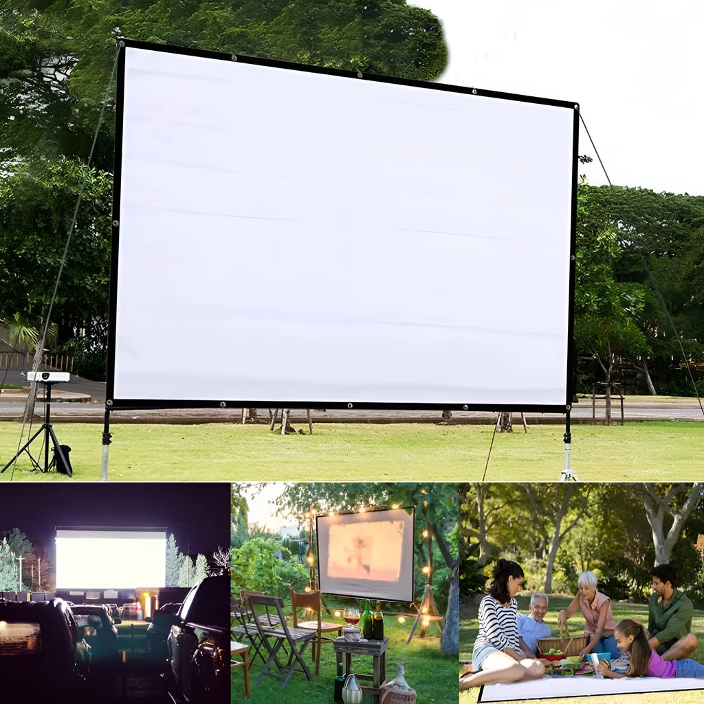 White 150-inch portable folding projector screen shown unfolded on a stand.
