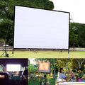 White 150-inch portable folding projector screen shown unfolded on a stand.