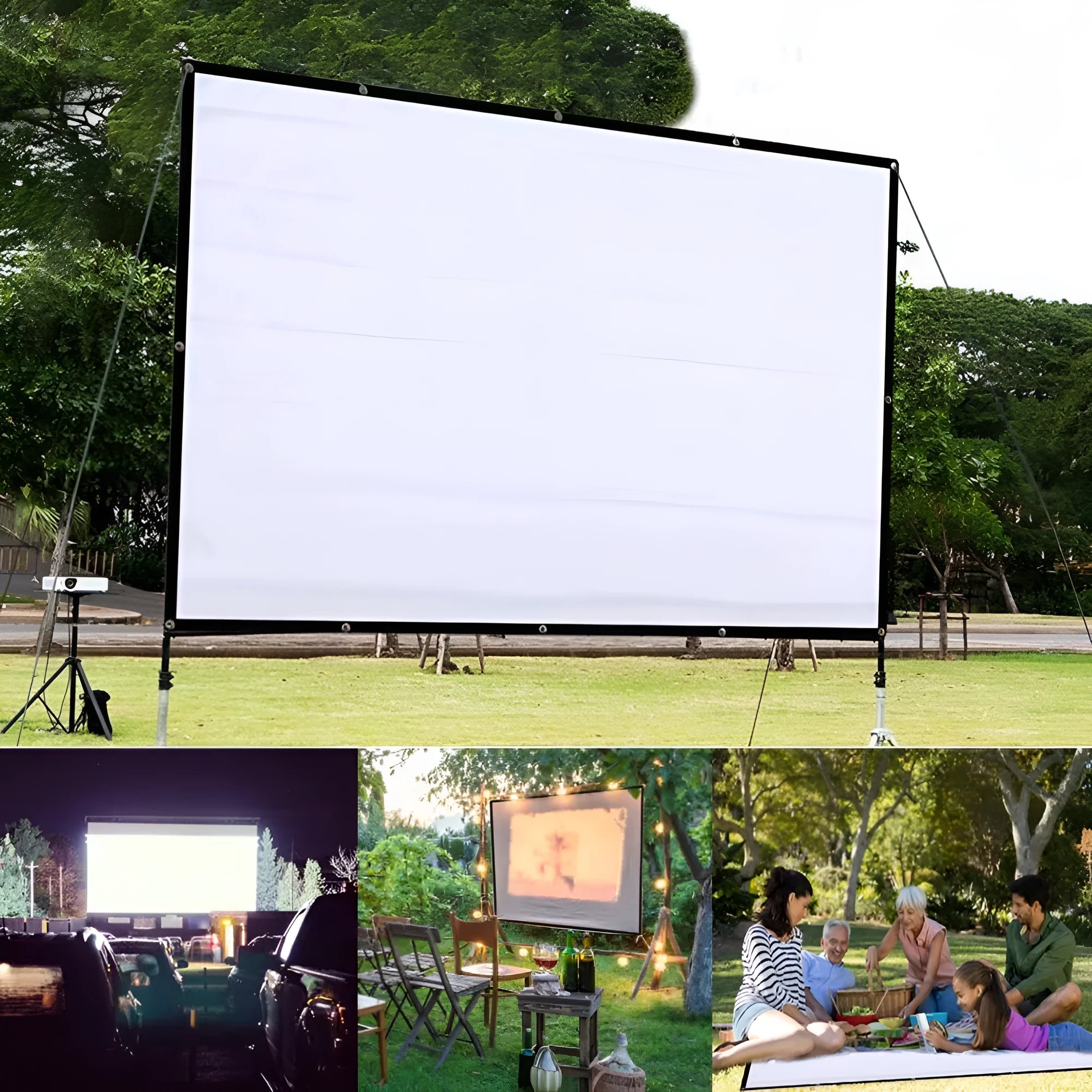 White 150-inch portable folding projector screen shown unfolded on a stand.