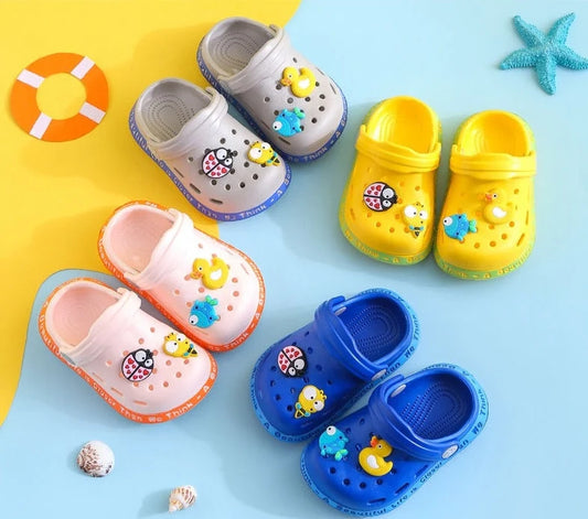 Kids cartoon slippers with animal prints in yellow, grey, sky blue, dark blue, and pink