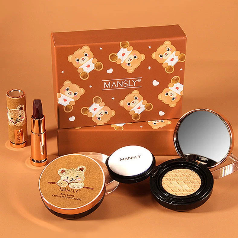 Bear three-shade lipstick and air cushion foundation set with compact packaging