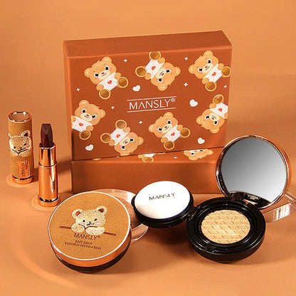Bear three-shade lipstick and air cushion foundation set with compact packaging