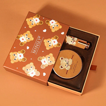 Bear three-shade lipstick and air cushion foundation set with compact packaging