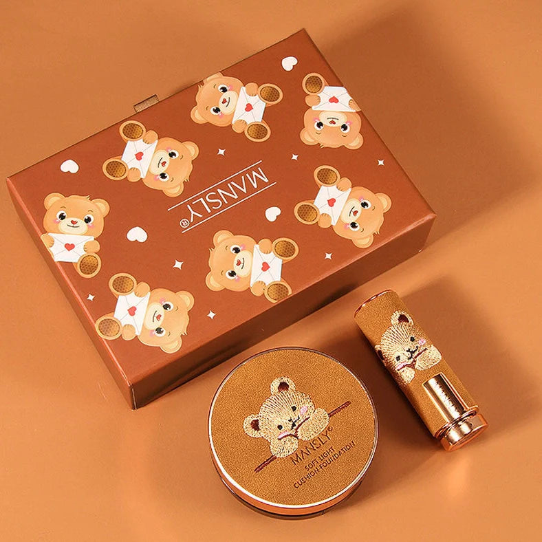 Bear three-shade lipstick and air cushion foundation set with compact packaging