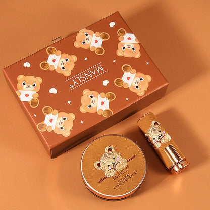 Bear three-shade lipstick and air cushion foundation set with compact packaging