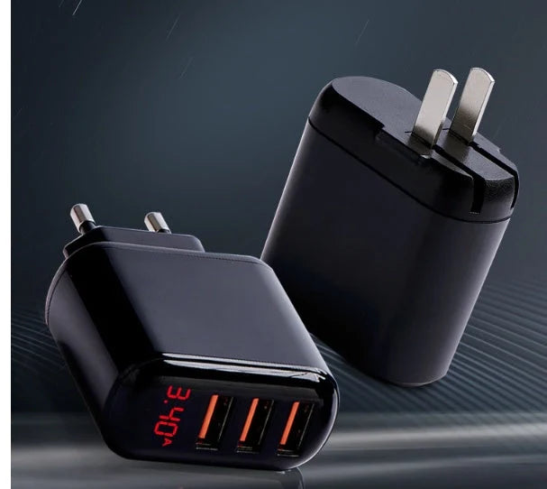 Compact 3-port USB fast charger with LED display for real-time charging status monitoring