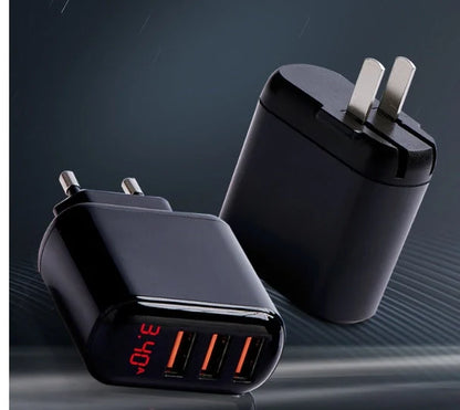 Compact 3-port USB fast charger with LED display for real-time charging status monitoring