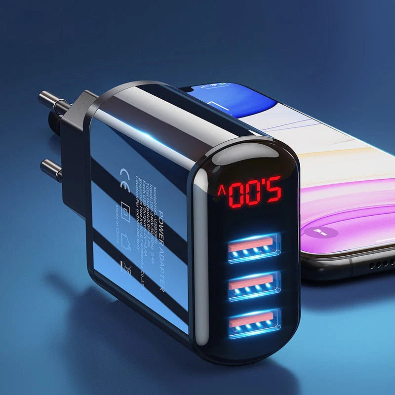 Compact 3-port USB fast charger with LED display for real-time charging status monitoring