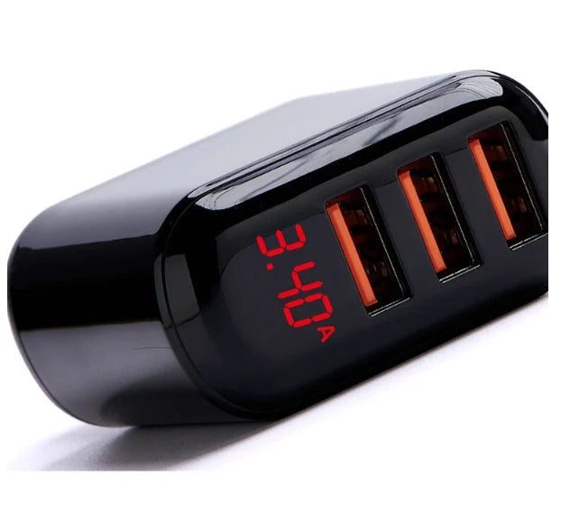 Compact 3-port USB fast charger with LED display for real-time charging status monitoring