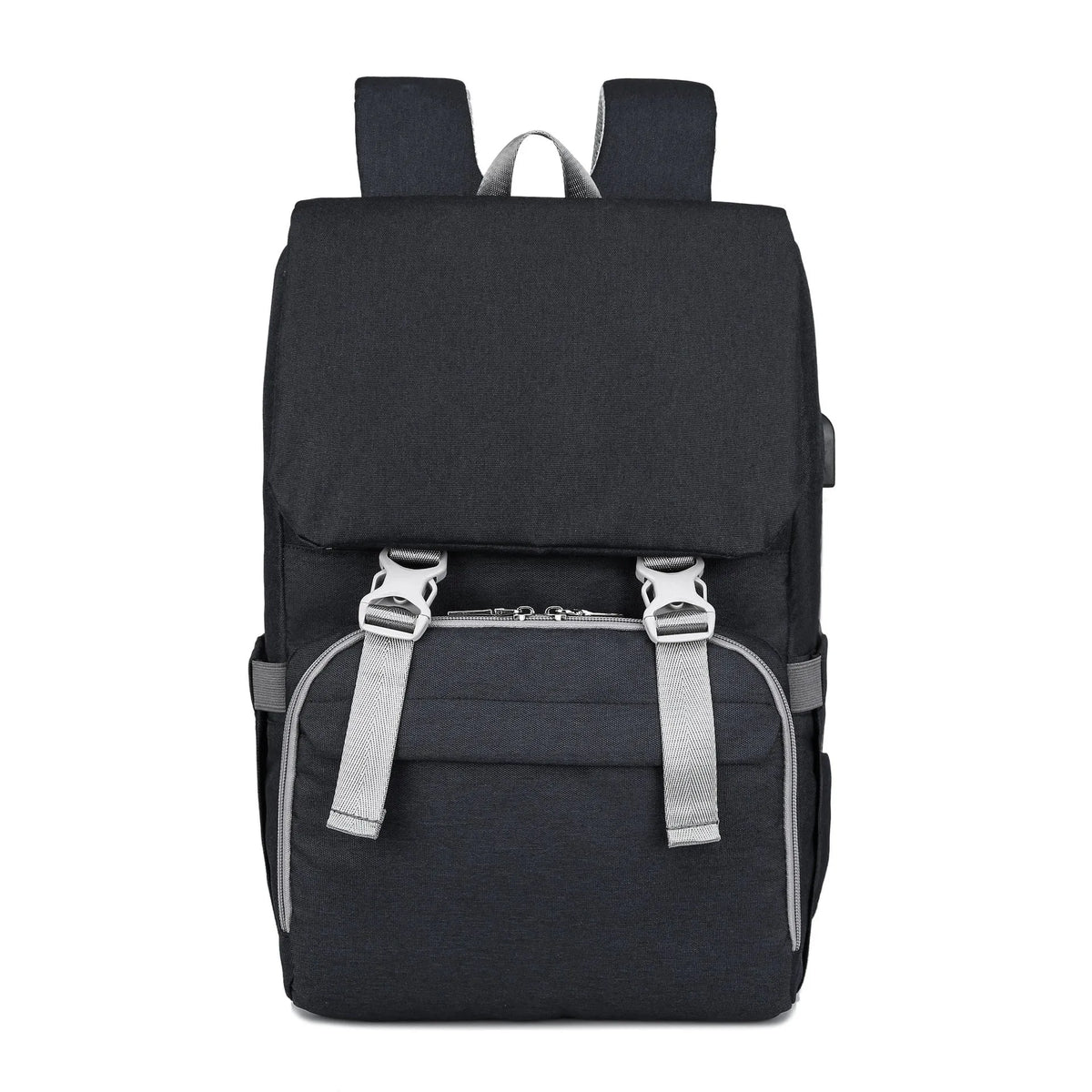 New style double shoulder mommy bag multifunctional USB large capacity nylon backpack in black with car suture detailing