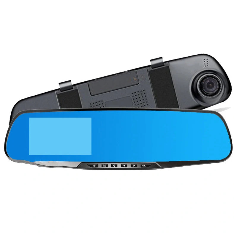 Rearview mirror integrated car dash cam with 4.3-inch display showing dual camera recording