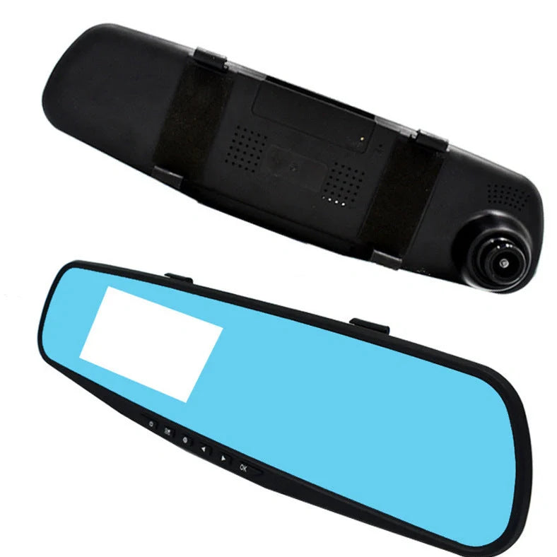 Rearview mirror integrated car dash cam with 4.3-inch display showing dual camera recording