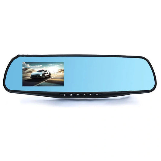 Rearview mirror integrated car dash cam with 4.3-inch display showing dual camera recording