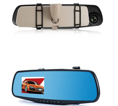 Rearview mirror integrated car dash cam with 4.3-inch display showing dual camera recording