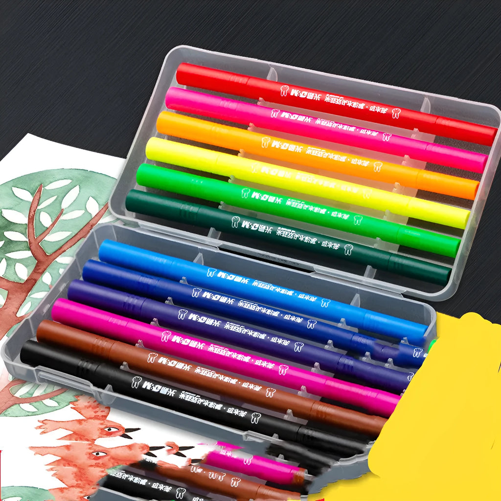 Assorted watercolour brush pens with dual brush and fine tips, alongside a drawing book and a hook line pen.