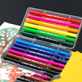 Assorted watercolour brush pens with dual brush and fine tips, alongside a drawing book and a hook line pen.