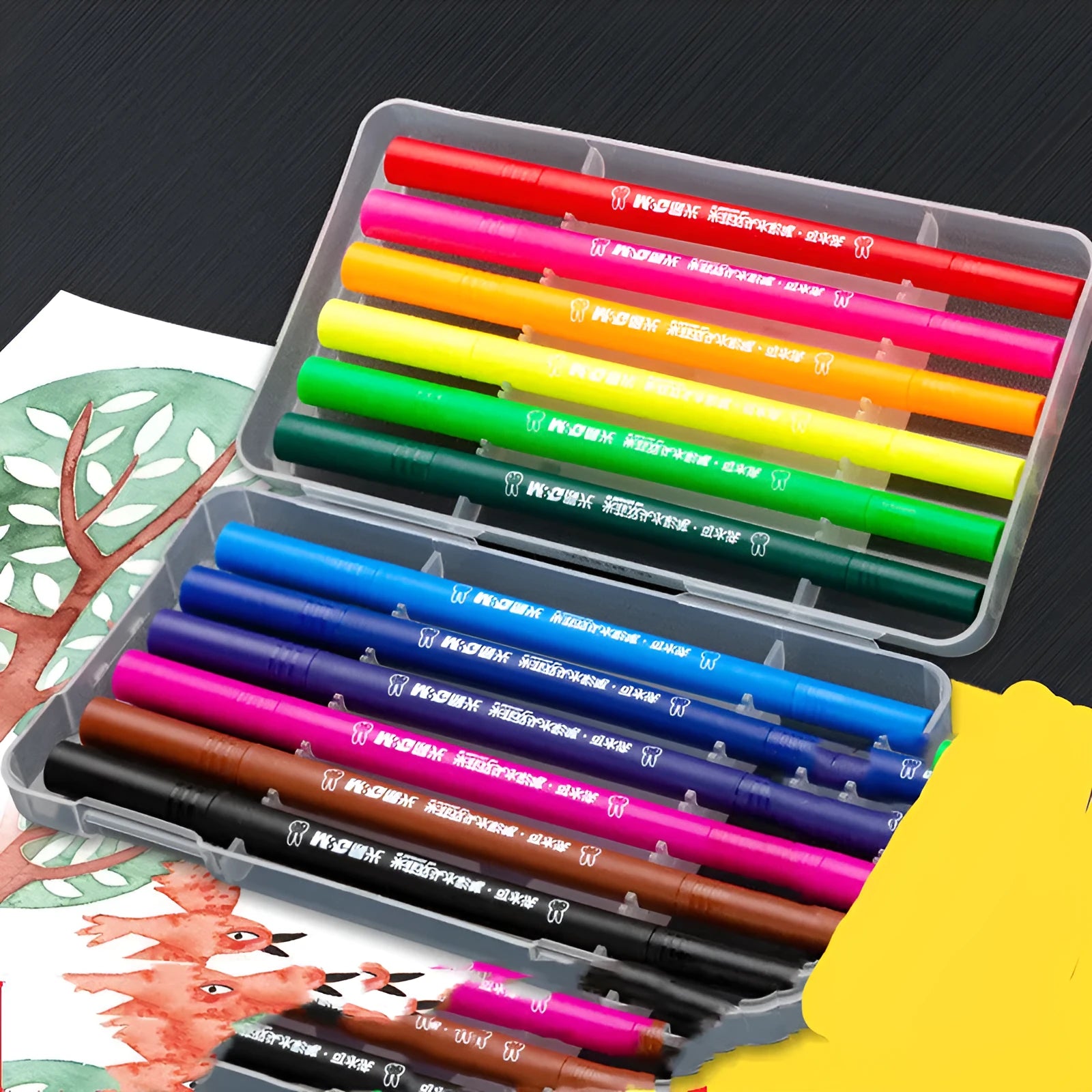 Assorted watercolour brush pens with dual brush and fine tips, alongside a drawing book and a hook line pen.