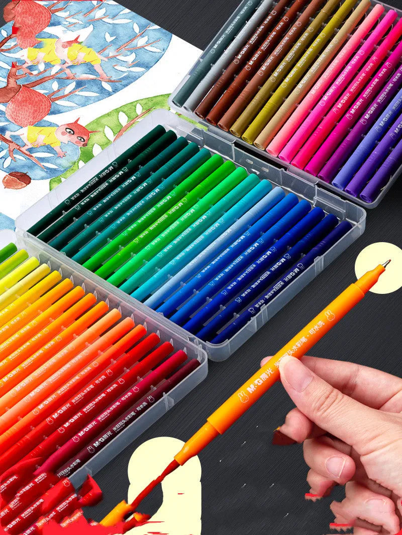 Assorted watercolour brush pens with dual brush and fine tips, alongside a drawing book and a hook line pen.