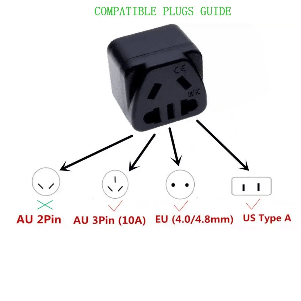 Square white international power adapter with five output sockets and a three-pin plug.