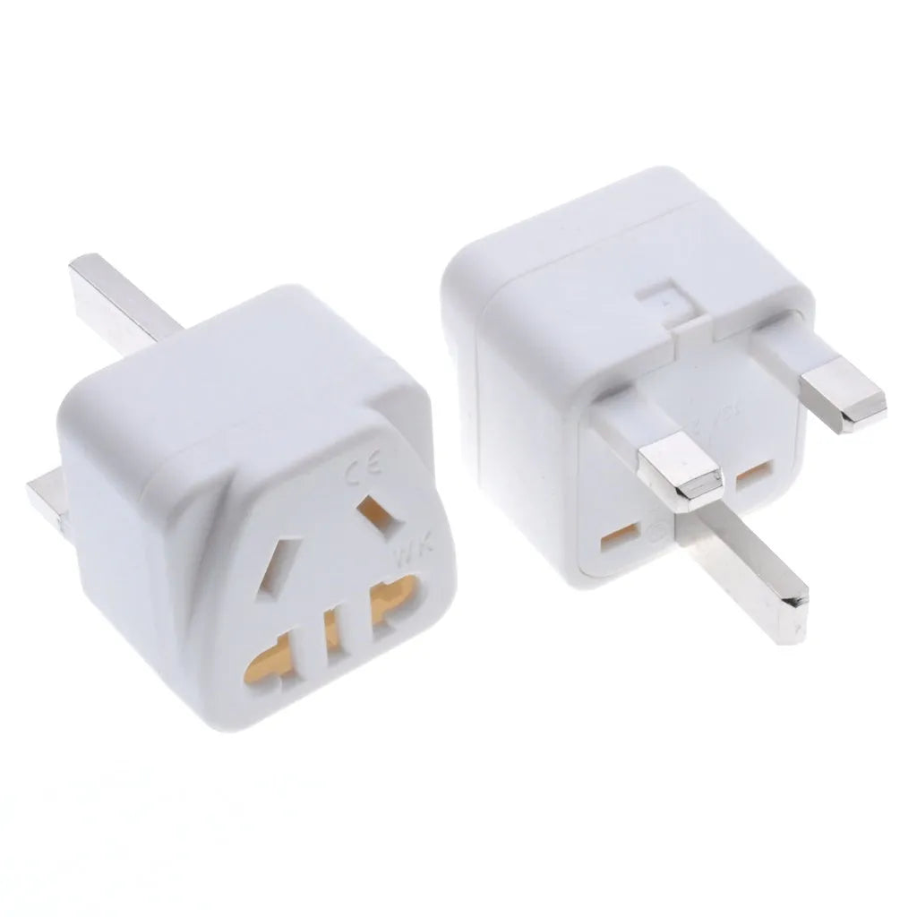 Square white international power adapter with five output sockets and a three-pin plug.