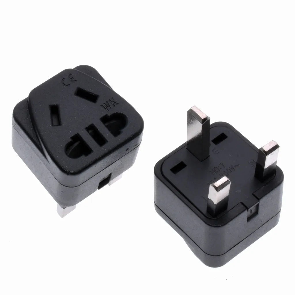 Square white international power adapter with five output sockets and a three-pin plug.