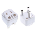 Square white international power adapter with five output sockets and a three-pin plug.