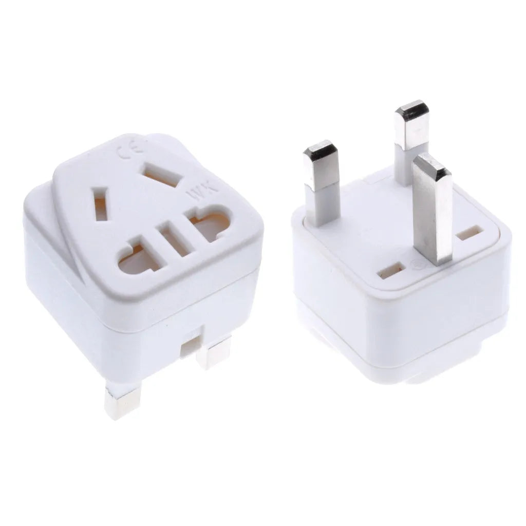 Square white international power adapter with five output sockets and a three-pin plug.