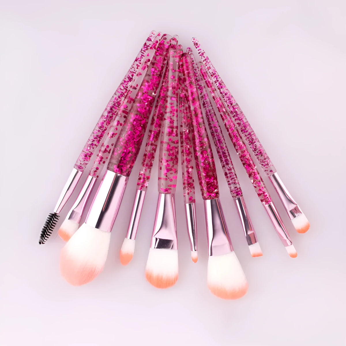 10 makeup brushes with pink powder-filled handles and nylon bristles arranged in a fan shape