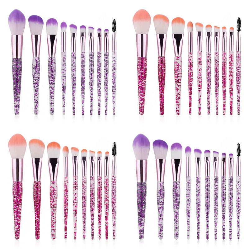 10 makeup brushes with pink powder-filled handles and nylon bristles arranged in a fan shape