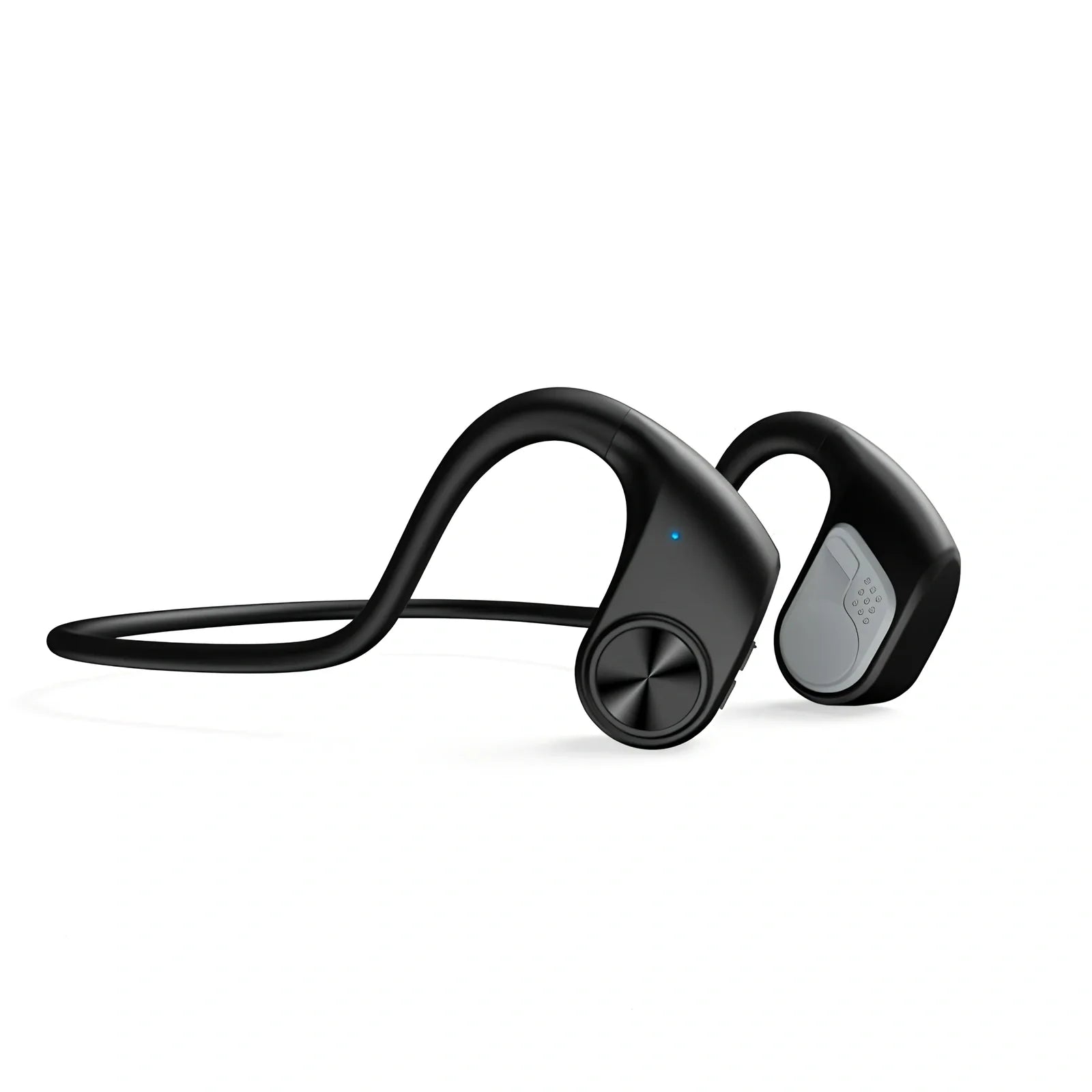 Black bone conduction wireless headphones mounted on head, showing transducers and controls for sports use, 30.8g lightweight design